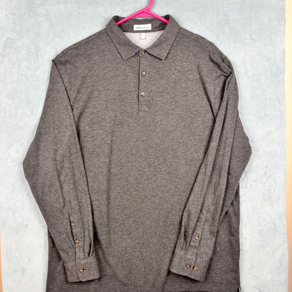 Peter Millar Mens XL Gray Pima Cotton Cashmere Long Sleeve Polo Shirt MF19K61
